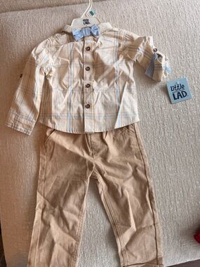 Little Lad Toddler Cream & Blue Plaid Shirt with Tan Pants Set